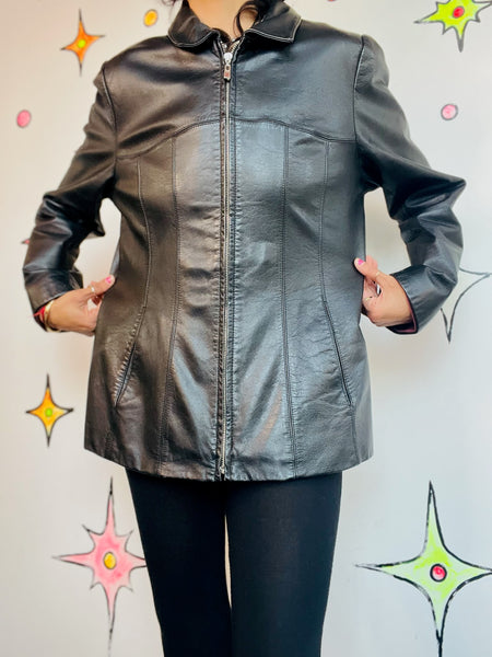 Vintage 90s Y2K Black Leather Grunge Zip Up Racing Jacket – Wilsons Leather – L
