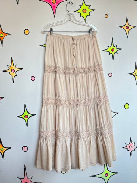 Vintage 90s Y2K Off White Boho Tiered Lace Maxi Skirt – Fairy Grunge Coquette SM