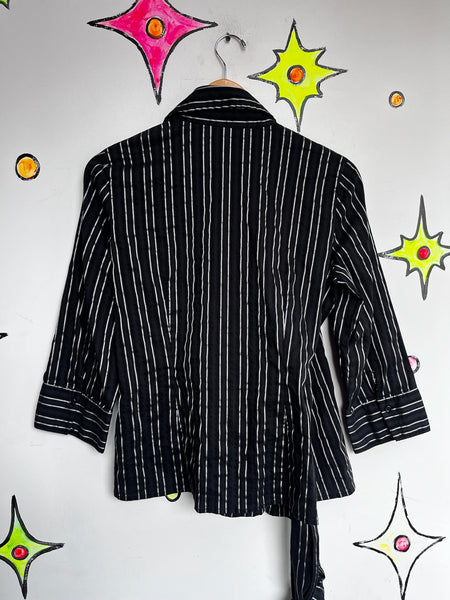 Vintage Y2K Black Pinstripe Wrap Top - Dark Academia Preppy Goth Office Siren M