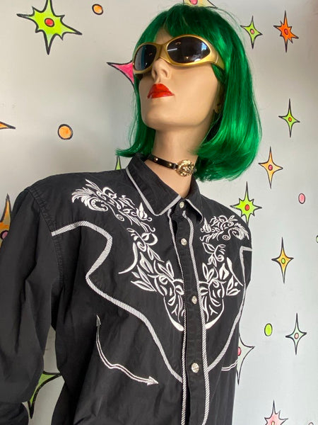 Men’s Black Embroidered Western Shirt Goth Cowboy Grunge Button Down L