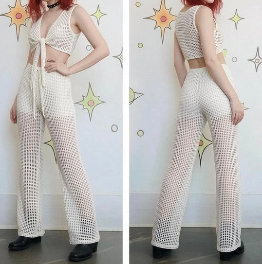 Vintage 90s | Deadstock White Mesh Halter and Low Rise Flares 2 Piece Set | S