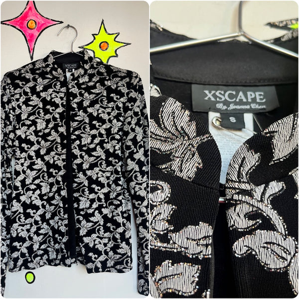 Y2K XSCAPE Silver Glitter Floral Brocade Shrug Romantic Whimsigoth Cardigan S