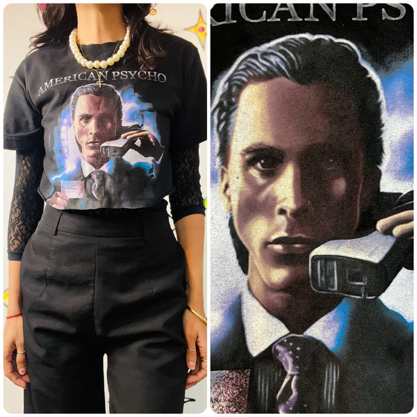 Y2K Cut Off Cropped American Psycho Graphic Tee - Cult Film Horror Shirt - Small