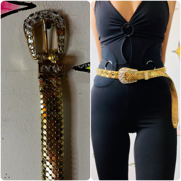 Vintage 70s/80s Gold Rhinestone Disco Mesh Waist Belt – Western Glam Bling – S/M