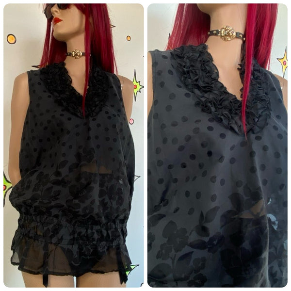 Y2K Rampage Ruffled Polka Dot Floral Scrunch Bubble Top Whimsigoth Cyber L