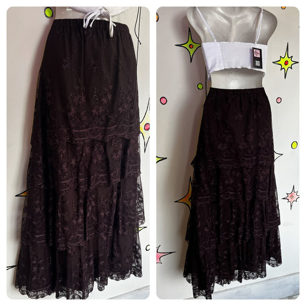 Vintage 90s Y2K | Black Fairy Grunge Whimsy Goth Tiered Ruffle Maxi Skirt | XL