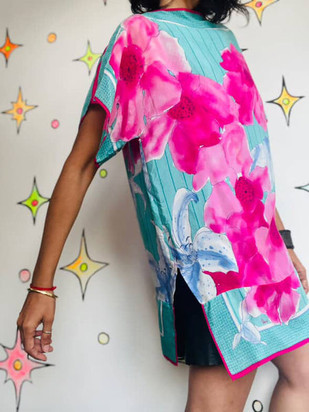 Vintage Billie Kunody Art Print Silk Oversized Boho Top / Blouse - Flowy One Size