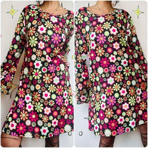 Retro 90s MOD GoGo Mini Dress | Psychedelic Floral Print | 60s Costume - L