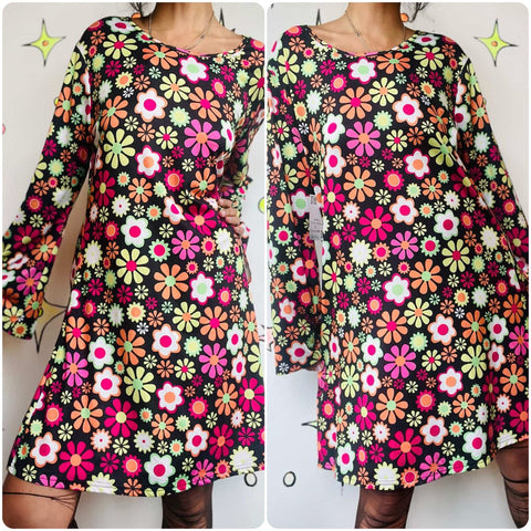 Retro 90s MOD GoGo Mini Dress | Psychedelic Floral Print | 60s Costume - L