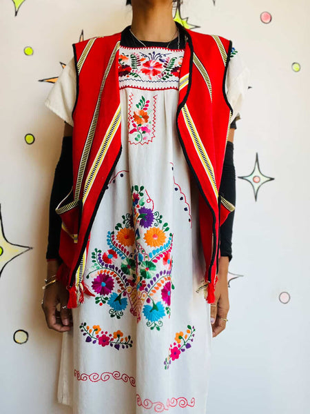 Vintage 60s 70s Boho Grunge Red Tapestry Fringe Vest Festival Hippie Western M/L