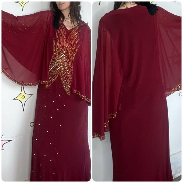 Vintage Burgundy Glam Disco Goddess Maxi Dress Flowy Statement Sleeves L/XL