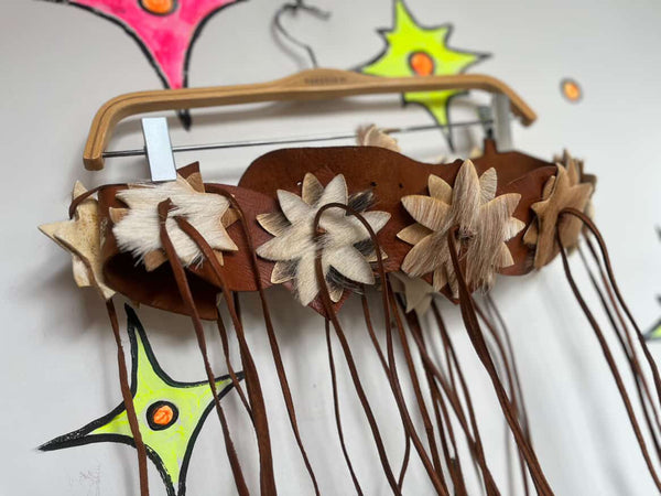Vintage Brown Leather & Cowhide Fringe Belt w Star Patches Western Boho Grunge