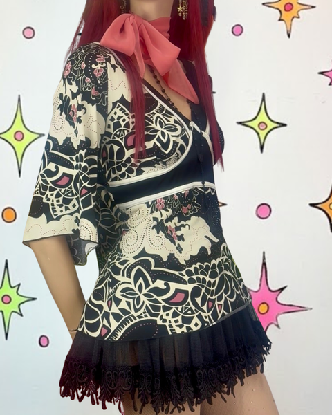 Y2K Studio Tattoo Print Bell Sleeve Stretchy Top Fairy Grunge Whimsy Goth M