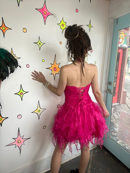 Y2K Hot Pink Rhinestone Tulle Party Corset Dress Prom Corset Glam Barbie Core M