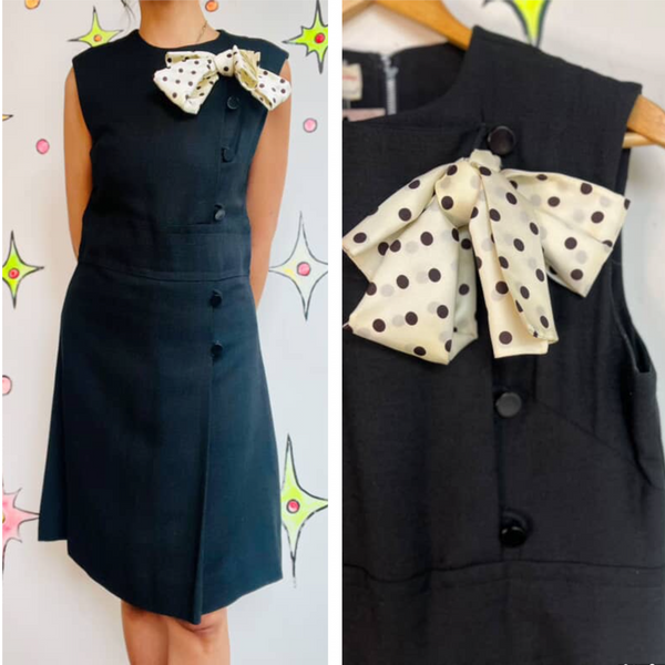Vintage 60s 70s Black & White Mod GoGo Mini Dress Polka Dot Pussy Bow M