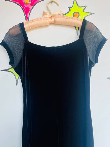 Vintage 90s Black Velvet Maxi Dress w/ Sheer Sleeves – Fairy Grunge Goth – L
