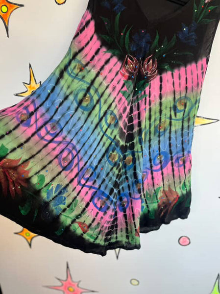 Vintage Black & Rainbow Grunge Fairy Boho Festival Mini Dress | Size M/L
