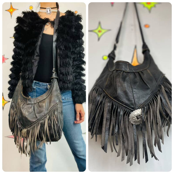 Vintage Black Leather Fringe Crossbody Bag Grunge Rock n Roll Boho Concho Purse