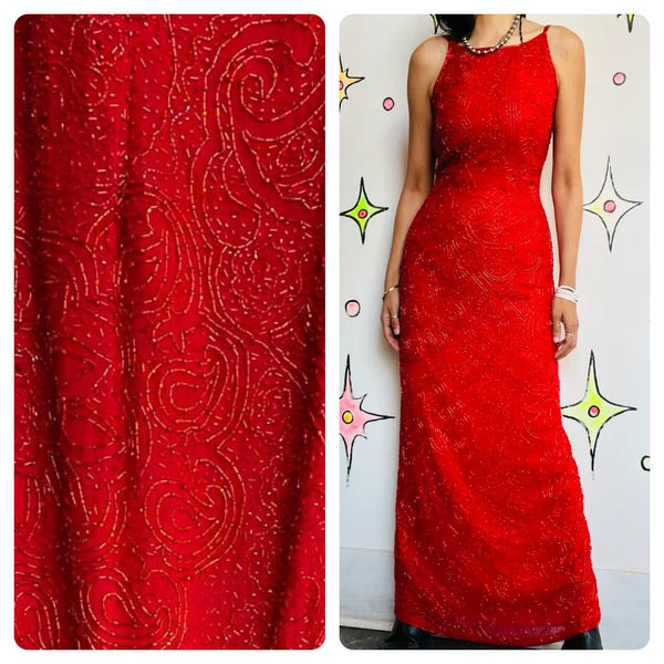 Vintage 80s 90s Cherry Red Fully Beaded Full-Length Glam Gown - S