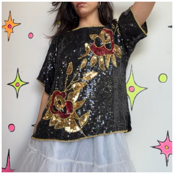 Vintage 80s Black Gold Sequin Party Blouse Maximalist Holiday Glam Disco Top