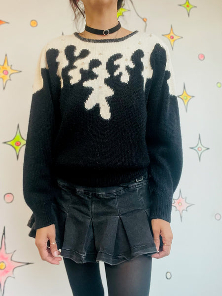Vintage 80s Black Fuzzy Sweater Beaded Pearls | Whimsy Goth Cute Pullover M