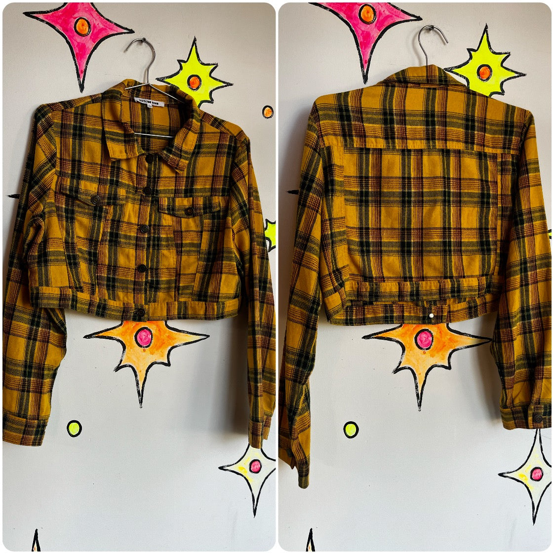 Vintage Y2K | Yellow and Black Fairy Grunge Plaid Cropped Button-Up Jacket | L