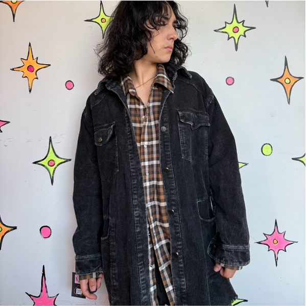 Black Corduroy Chore Coat Oversized Cotton Work Jacket Grunge Goth Utility L
