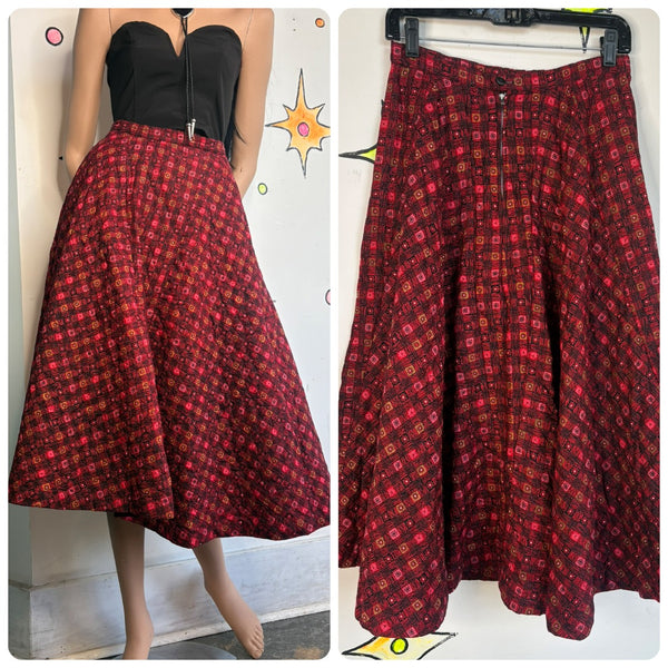 Vintage 50s Red Quilted Skirt | Full Twirl Party Skirt Old Hollywood Glam Pinup Rockabilly S