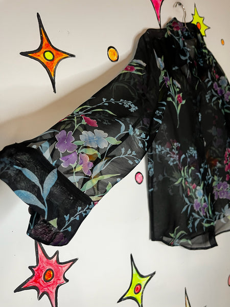 Vintage 90s Sheer Black Floral Long Sleeve Blouse | Whimsy Goth Fairy Grunge | M