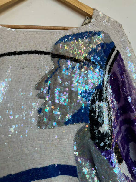 Vintage 80s Disco Glam Fully Sequin Silk Wearable Art Dolman Bat Wing Blouse M/L