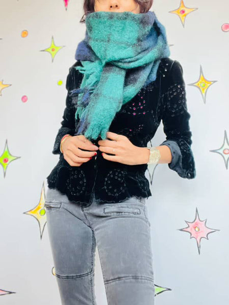 Vintage Fuzzy Tartan Scarf Navy & Green Emo Grunge Mohair Wool Oversized Wrap
