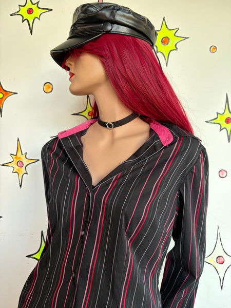 Y2K Mall Goth Pinstripe Shirt Black Red Office Siren Dark Academia Grunge Top L