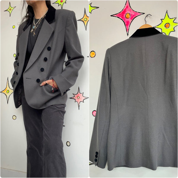 Vintage 90s | Valerie Stevens Gray Black Goth Grunge Punk Jacket Wool Blazer | 6