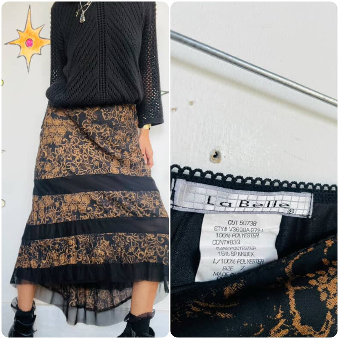 Vintage 90s Boho Whimsy Goth Tattoo Print Witchy Fairy Grunge High Low Skirt - 7