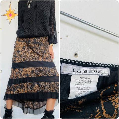 Vintage 90s Boho Whimsy Goth Tattoo Print Witchy Fairy Grunge High Low Skirt - 7