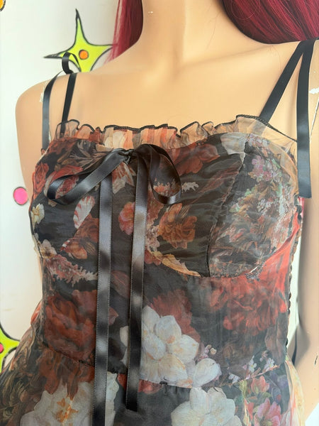 Sheer Black Floral Babydoll Dress | Romantic Goth Fairy Grunge Slip Mini M