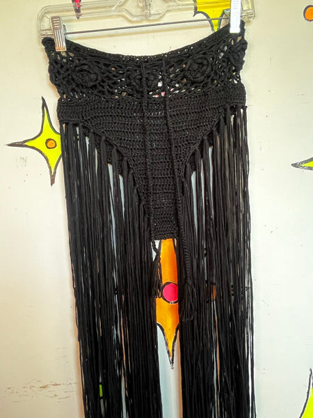Black Crochet Fringe Shorts Y2K Festival Boho Rave Goth Maximalist Hot Pants S