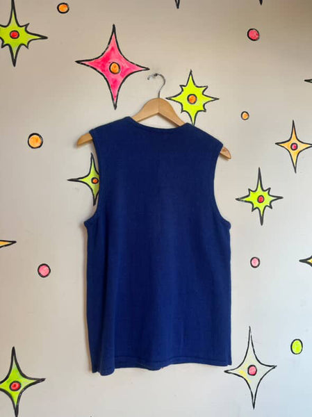 Vintage 90s Embellished Ugly Christmas Sweater Vest Blue Reindeer Snowflake | M