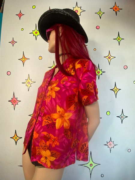 90s Hot Pink Hawaiian Sherbet Print Button Up Blouse Tropical Kitsch Retro L