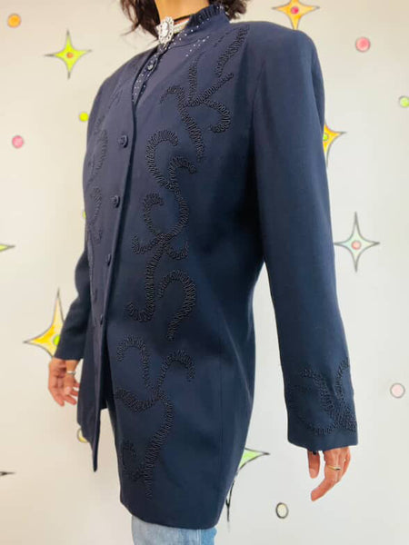 Vintage 80s 90s Navy, Black Embroidered Wearable Art Blazer Office Glam Size 12