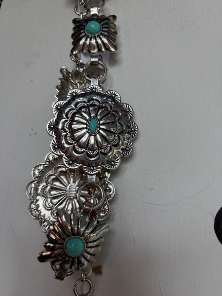 Silver Tone Concho Belt Western Boho Glam Heavy Texture Faux Turquoise | OS