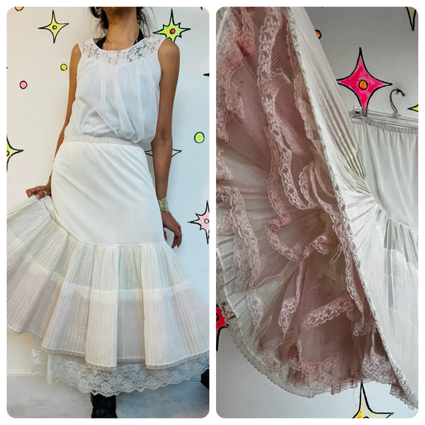 Vintage White Pink Crinoline Ruffles Layered Lace Coquette Babydoll Petticoat M
