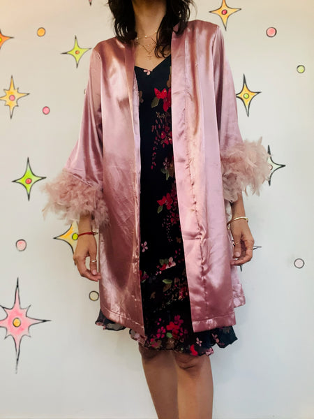 Vintage Pink Satin Feather Trim Boudoir Robe – Old Hollywood Glam Lingerie – M