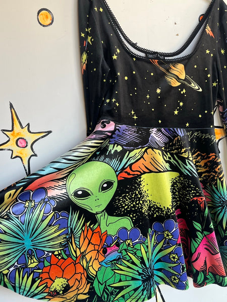 Black Velvet Alien Neon Scene Mini Dress - Bell Sleeves Rave Festival Hippie L