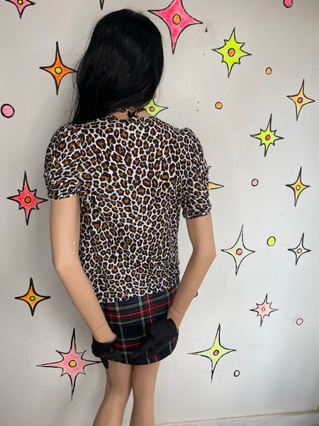 Y2K Leopard Puff Sleeve Tee Grunge Glam Rocker Grunge Top - Small