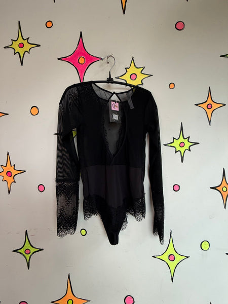 Vintage Sheer Black Lace Bodysuit Gothic Romantic Lingerie Goth Grunge S