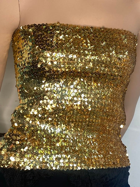 Vintage 70s 80s Y2K Metallic Gold Sequin Stretch Tube Top Disco Glam - One Size