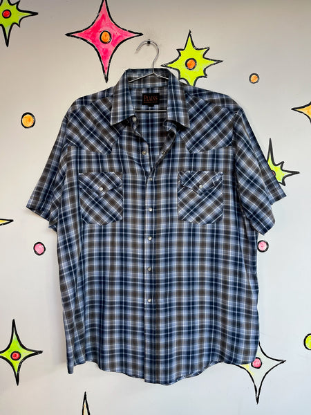 Vintage Blue Plaid Men's Western Lighweight Cotton Pearl Snap Shirt - Size L