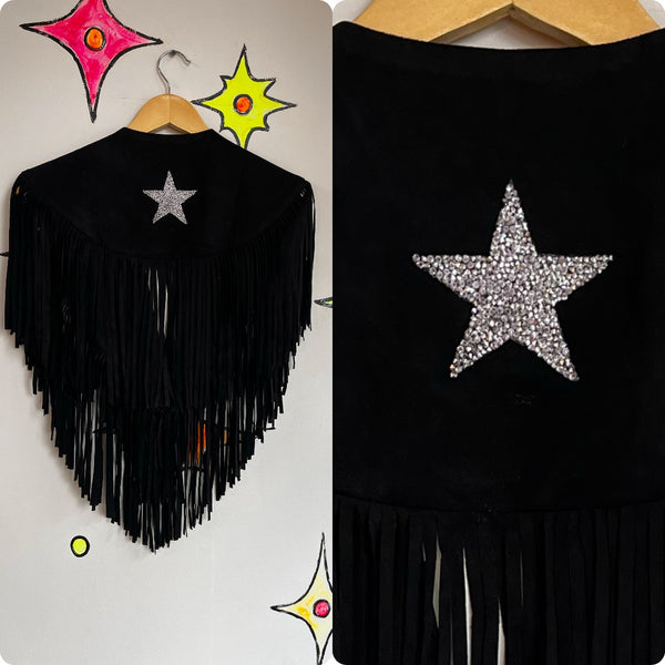 Retro Western Embellished Black Faux Suede Fringe Collar