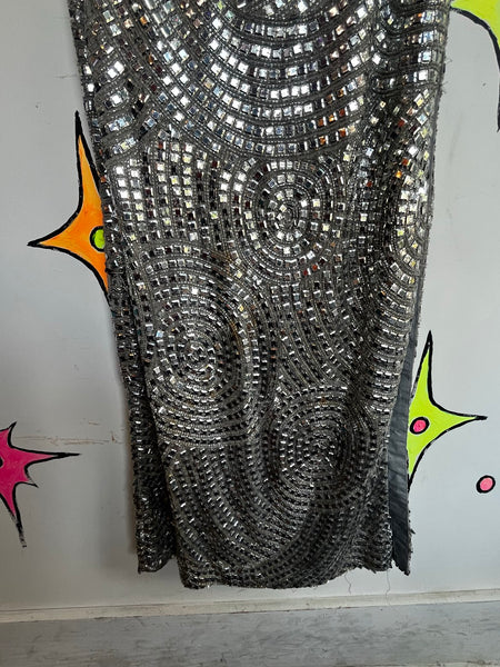 Vintage Silver Beaded Silk Gown Movie Star Glam Evening Dress Formal 90s S